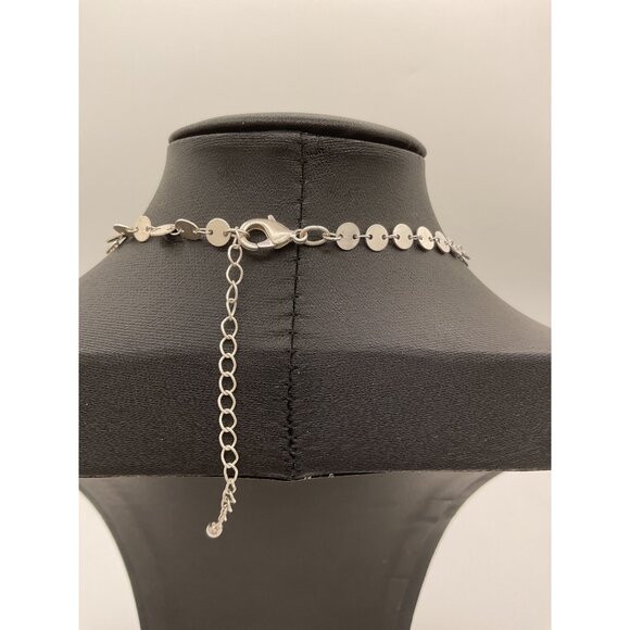 Long Silver Tone Metal Disc Faux Pearl Necklace With Adjustable Chain - Picture 3 of 3